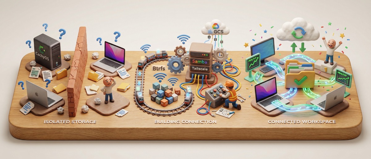 Featured image of post CachyOS（Arch Linux）とMacでファイル共有環境を構築する — Btrfs + Samba + Tailscale + GCSバックアップ